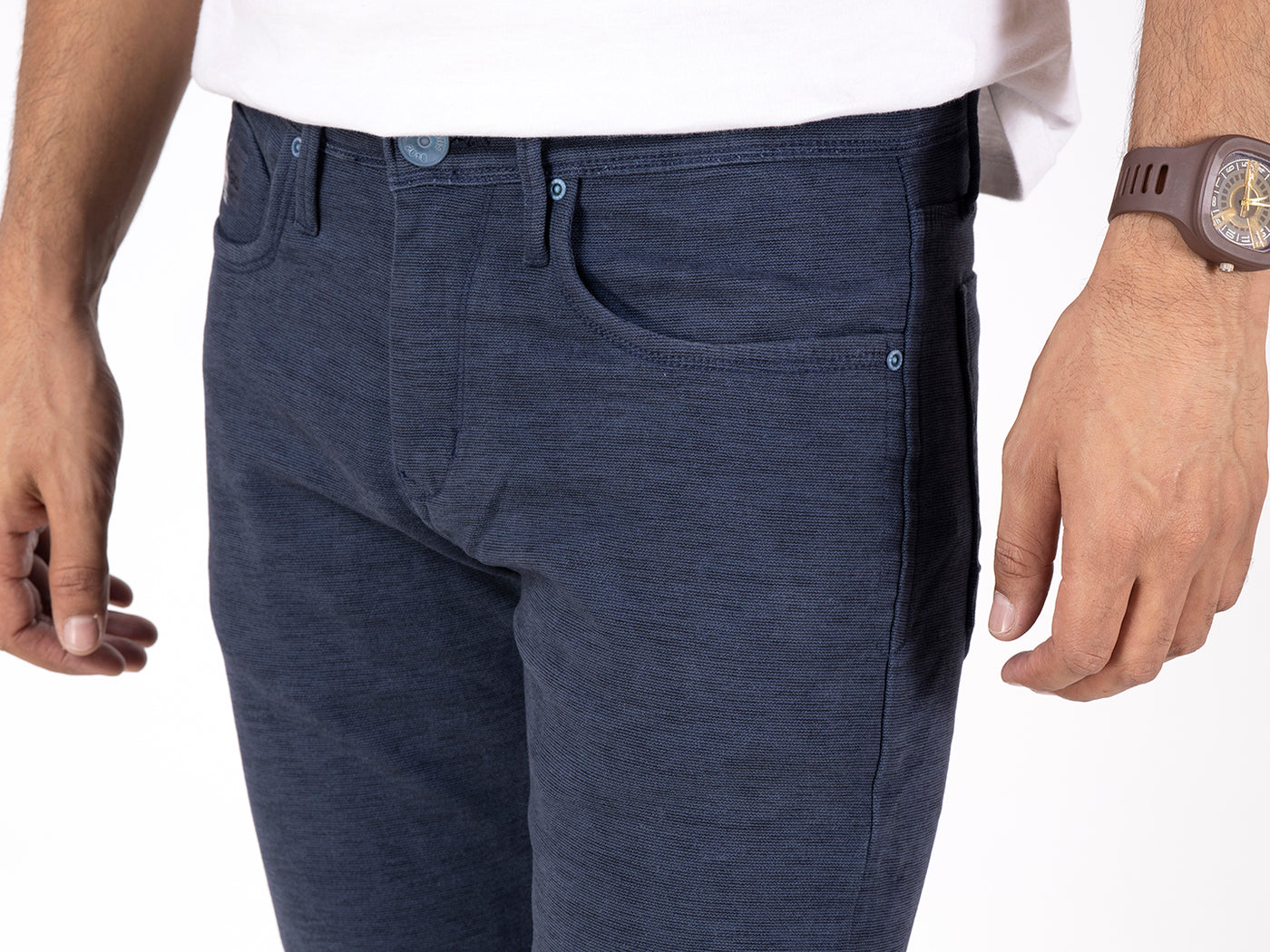 TEXTURED COTTON STRETCH TROUSERS <BR> clutch - blue