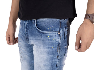 PAINT AND EMBROIDERY DETIAL JEANS <BR> Motif - mid blue