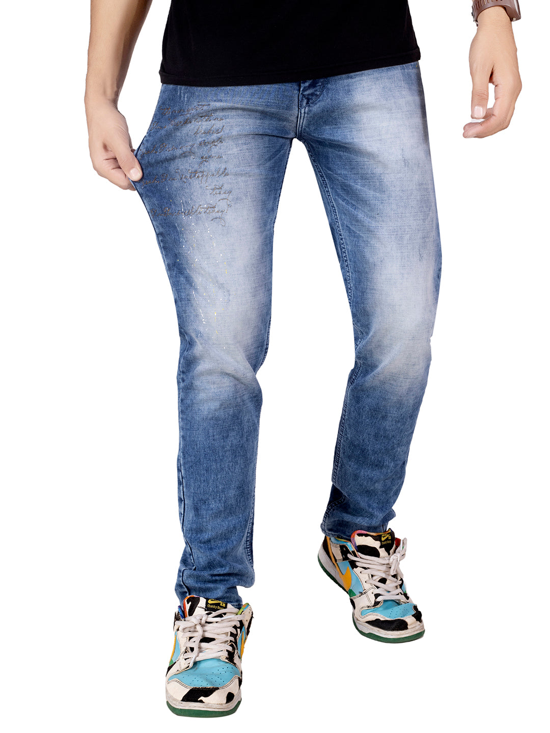 PAINT AND EMBROIDERY DETIAL JEANS <BR> Motif - mid blue