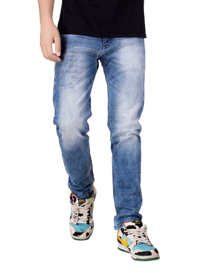 PAINT AND EMBROIDERY DETIAL JEANS <BR> Motif - mid blue