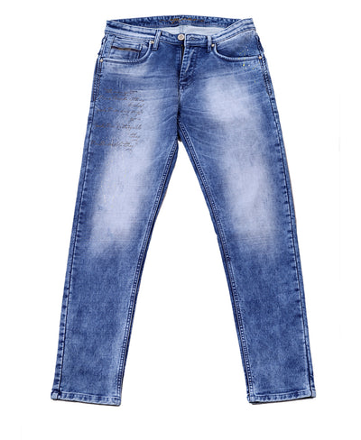 PAINT AND EMBROIDERY DETIAL JEANS <BR> Motif - mid blue