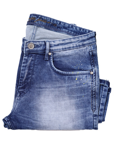 PAINT AND EMBROIDERY DETIAL JEANS <BR> Motif - mid blue